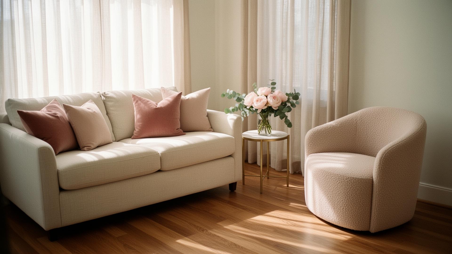 A softly lit counselling room with linen sofa and fresh peonies